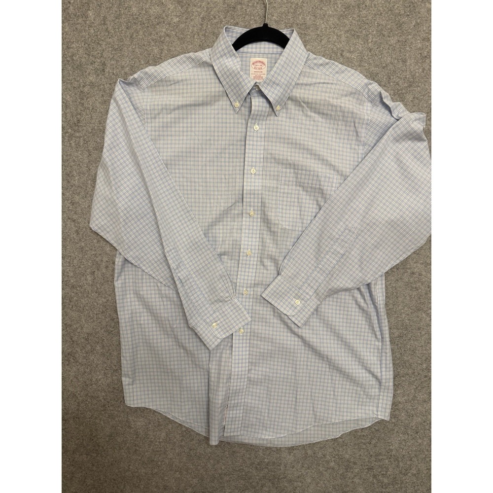 Brooks Brothers Madison Mens 16.5 34 Blue Check Non Iron Supima Dress Shirt